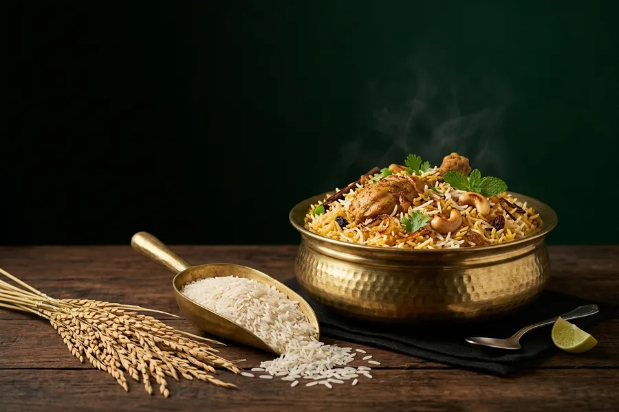 Premium long-grain Basmati rice served as biryani with rice grains and paddy